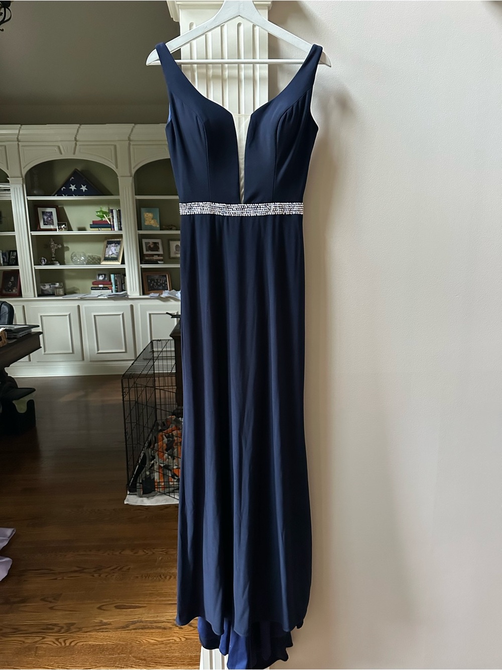 Navy Sleeveless Prom Gown with Crystal Waist